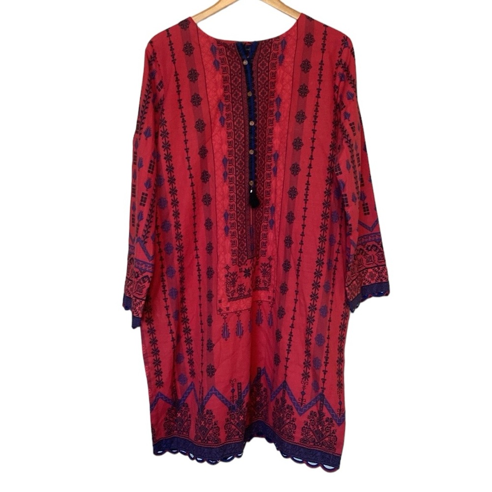 Sadabahar Red Navy Long Sleeve Side Slits Embroidered Dress L